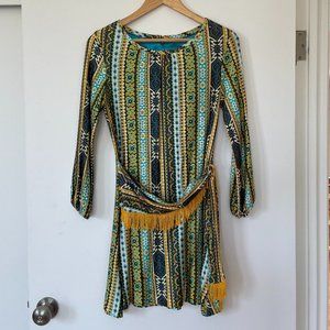 Vintage 70's Patterned Go Go A-Line Mini Dress with Fringed Tie Belt - Size S